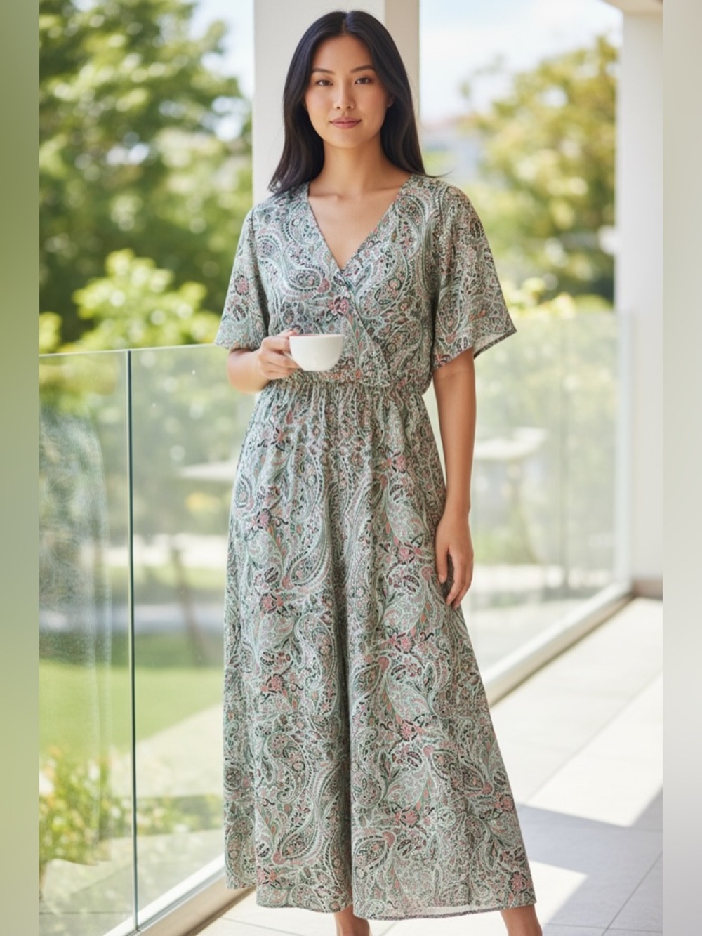 LOFT Sage Paisley Wrap Maxi Dress